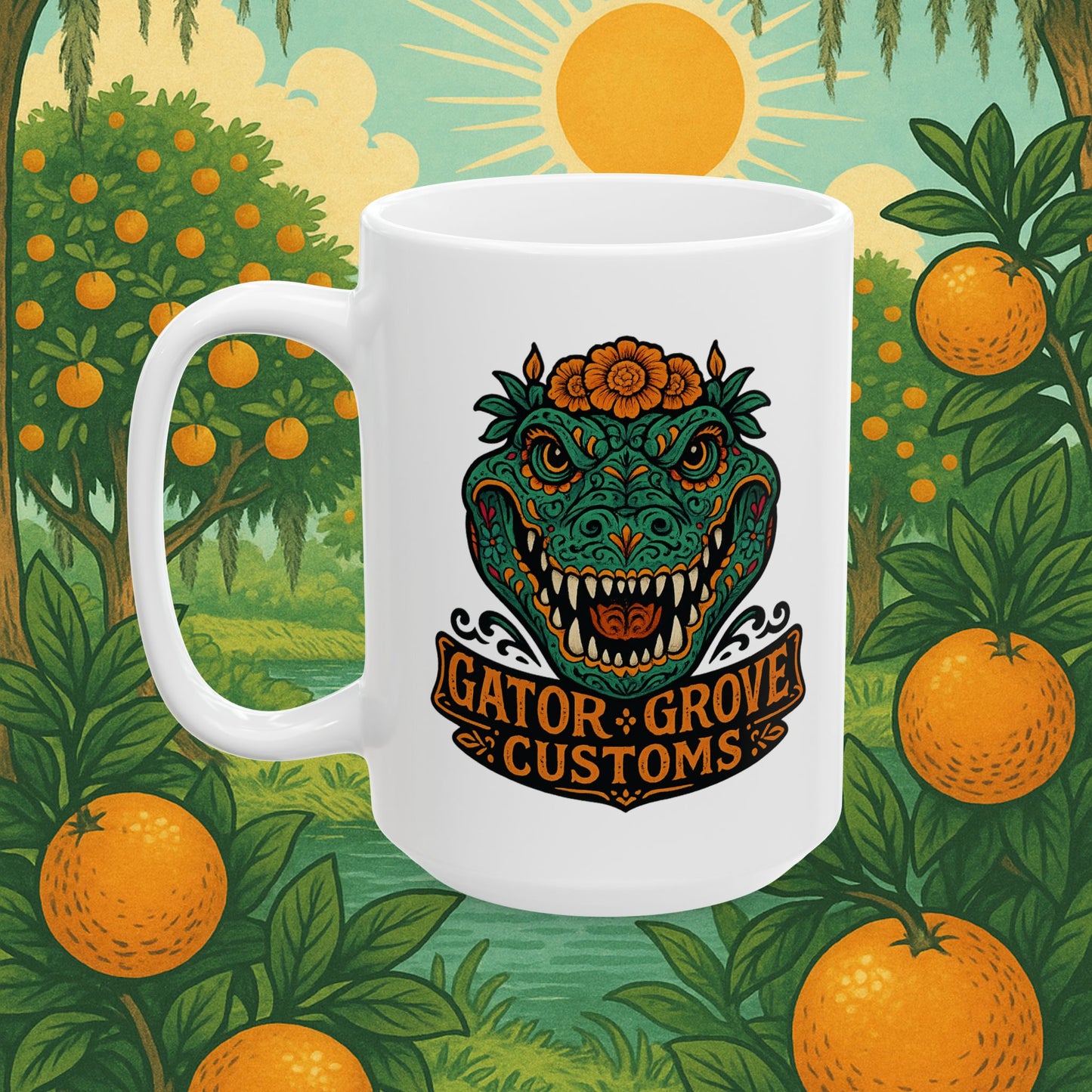 Día De Los Muertos Gator Grove Customs Family Ceramic Mug (15oz.)